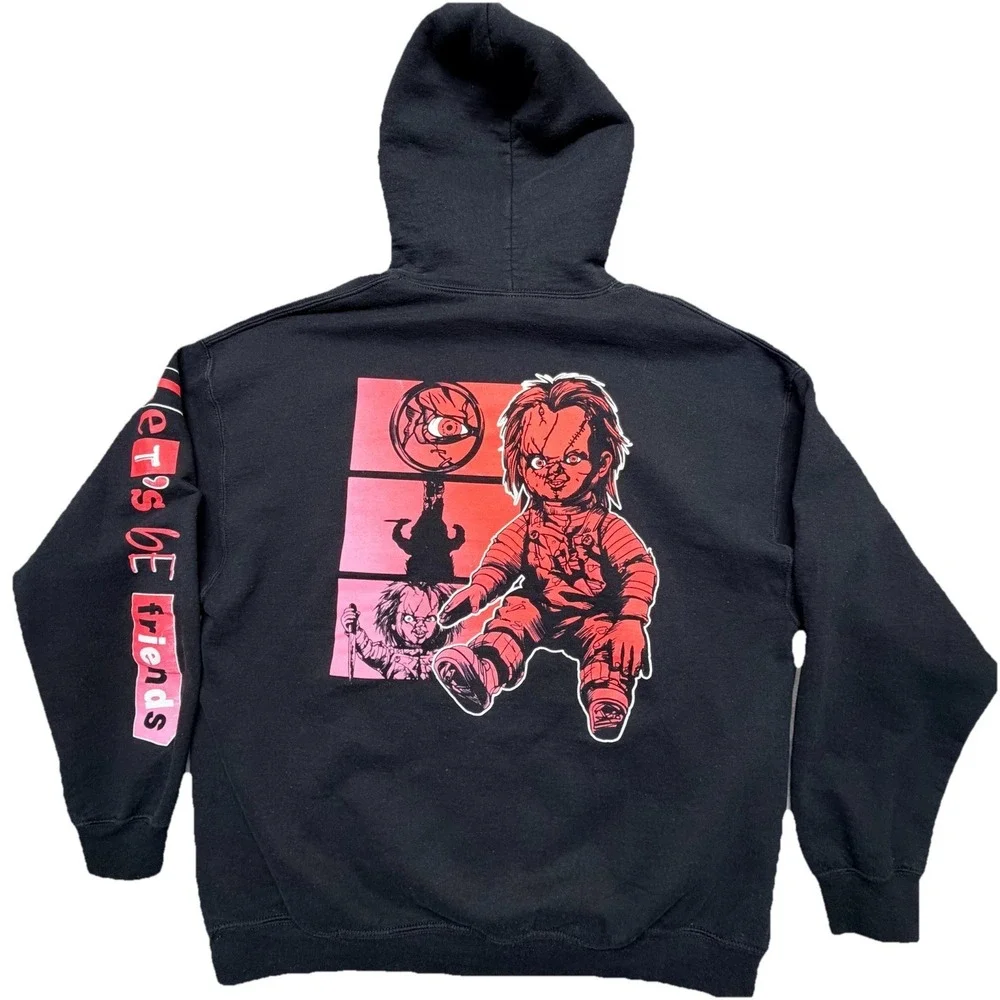 Chucky Let's Be Friends Hoodie Black Horror Childs Play Graphic Pullover Size XL